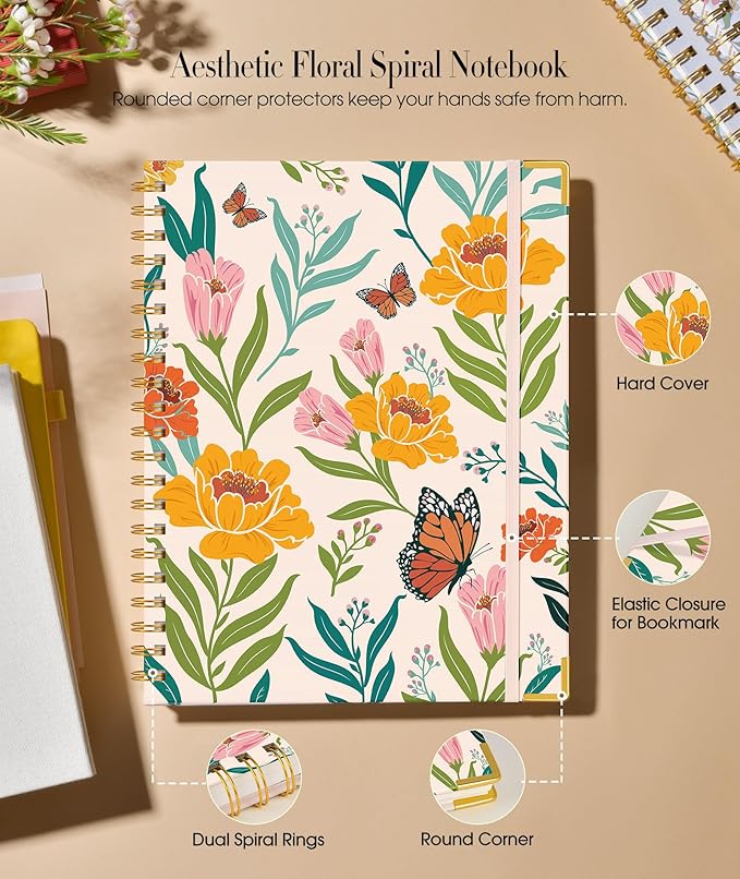 Cute Spiral Notebook Journal for Women, 160 Pages Lined Notebooks 5.75” x 8.38”, A5 Hardcover Spiral Journals with 100 GSM Thick Paper, College Ruled Notebook for Writing Work School, Orange Floral