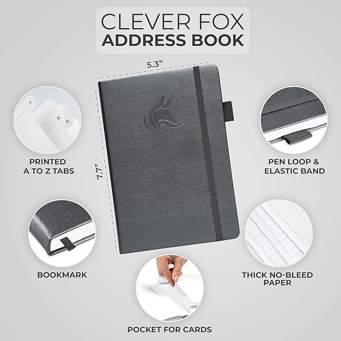 Clever Fox Address Book with alphabetic tabs - PU Leather Telephone and Address Book for Keeping Contacts Safe, Contact Organizer Journal, Medium Size (5.3″ x 7.7″) Hardcover, Silver Black