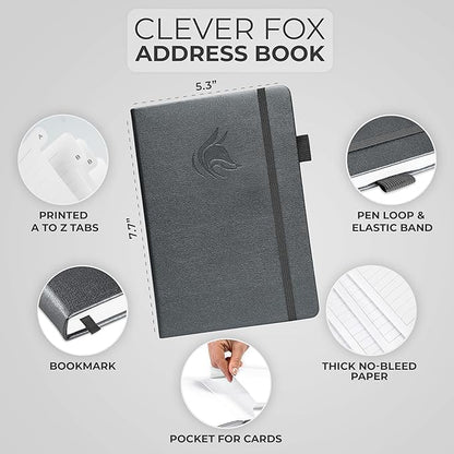 Clever Fox Address Book with alphabetic tabs - PU Leather Telephone and Address Book for Keeping Contacts Safe, Contact Organizer Journal, Medium Size (5.3″ x 7.7″) Hardcover, Silver Black