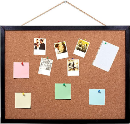 Black Cork Board Bulletin Board, 17.7"X 13.3" pin Boards for Walls, Oak Wood Finish Frame, Wall Mounted Cork Board for Office Home and School(Pins, Eye Bolts, gaskets, Screws)