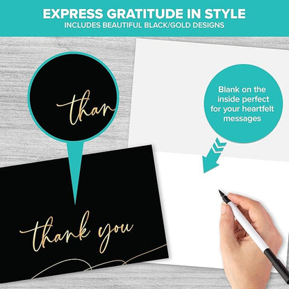 Decorably 24 Pack Gold-Foiled 6x4in Black and Gold Thank You Cards with Envelopes & Stickers, 6 Elegant Designs Black Thank You Cards, Blank Inside - Birthday, Wedding, Anniversary