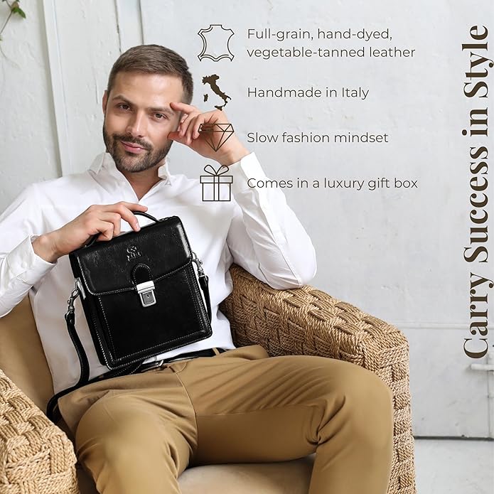 Time Resistance Small Leather Briefcase for Men - Crossbody Bag - Italian Leather Messenger Bag - Gift Box Included