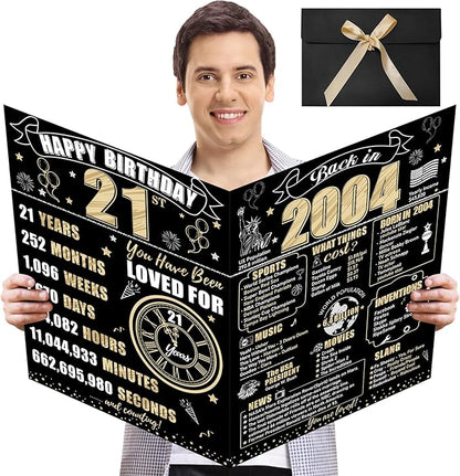Large 21st Birthday Gift Card With Envelope for Boys Girls, 2004 Black Gold Happy 21st Birthday Giant Guest Signature Book Gifts, Big Vintage 21st Greeting Card Decoration Party Supply