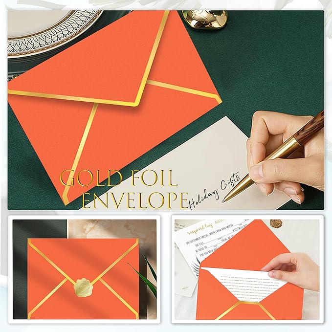 60 Pack Gold Envelopes 5x7 Orange, 250G Pearled Cardstock A7 Envelopes for Invitations Business Mailing Envelope with Gold Foil Border, A6 4x6 Envelopes for Wedding Baby Shower Cards