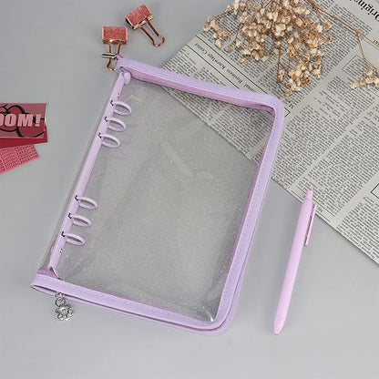 Multibey A5 Binder Cover Clear Soft PVC 6-Ring Binder Budget Cash Evelopes System with Zipper Planner Organizer Refillable Notebook Journal Binder (Purple, A5)