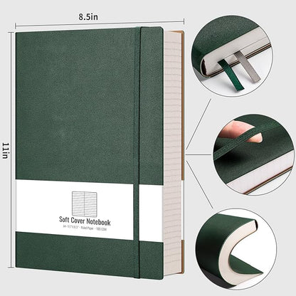 AHGXG Large A4 Notebook College Ruled - 320 Pages Thick Journal for Women and Men, 8.5''×11'', 100gsm Thick Lined Paper, Leather Softcover, for Writing Work School - Green