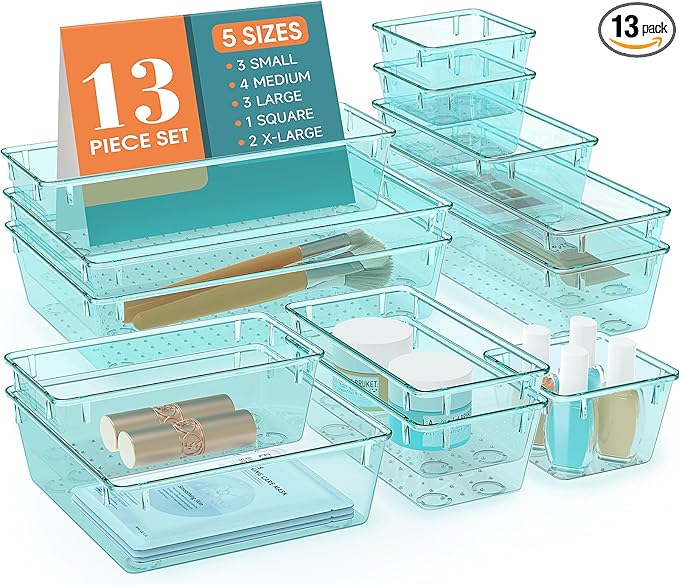 13 PCS Clear Plastic Drawer Organizers Set, 4 Size Desk Drawer Organizer Trays for Makeup, Jewelry, Kitchen Utensils, Gadgets and Office Accessories, Sea Blue