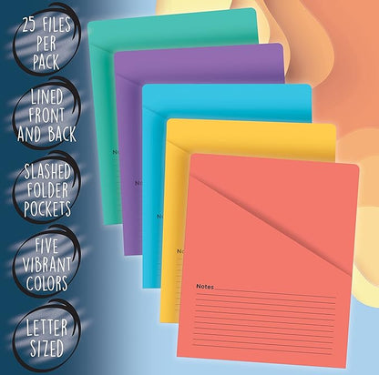 Better Office Products Lined Vertical Slash Pocket File Folders, 25 Pack, Assorted Colors, Letter Size Slash File Jacket with Notes on Front & Back, Half Pocket File Folders