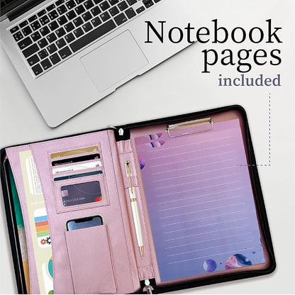 Elegant Portfolio Organizer with Handle, PU Leather Padfolio for Women/Men 13.5 x 10" with Cute Designed Notepad, Portfolio Binder for Business Class Interviews, Portfolio Bag, Portfolio Padfolio