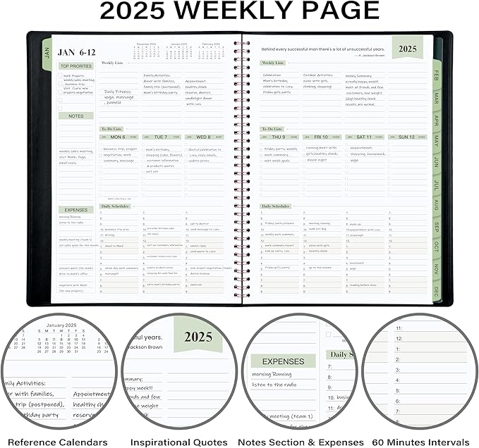 2025 Planner - Weekly & Monthly Planner Notepad 2025, 11.38'' x 8.74'', JAN. 2025 - DEC. 2025, Appointment Book, 60 Minutes Intervals, Tabs, Faux Leather Cover, Spiral Bound, Back Pocket - Black