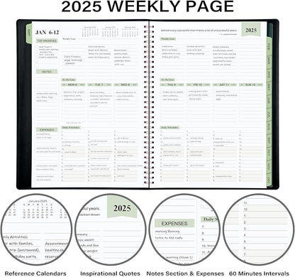 2025 Planner - Weekly & Monthly Planner Notepad 2025, 11.38'' x 8.74'', JAN. 2025 - DEC. 2025, Appointment Book, 60 Minutes Intervals, Tabs, Faux Leather Cover, Spiral Bound, Back Pocket - Black