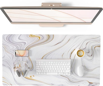 QIYI White Mouse Pad, Cute Marble Large Desk Mat, PU Leather Desk Protector Mousepad, Gold Grey Striped Waterproof Computer Keyboard Gaming Mouse Pads, Non Slip Extended Writing Pad 31.5" x 15.7"