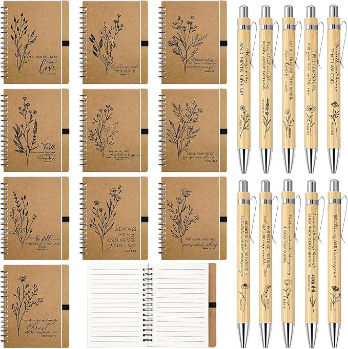200 Pcs Bible Verse Spiral Notebook with Bamboo Christian Ballpoint Pens Aesthetic Religious Notepads Inspirational Journals Easter Christian Gifts for Women Men Office (Classic Style)