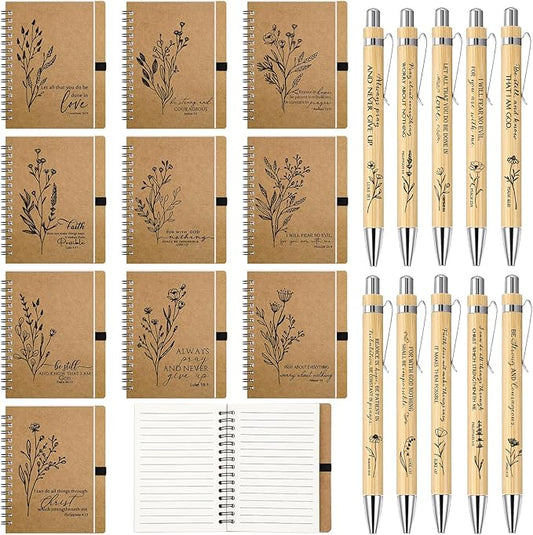 200 Pcs Bible Verse Spiral Notebook with Bamboo Christian Ballpoint Pens Aesthetic Religious Notepads Inspirational Journals Easter Christian Gifts for Women Men Office (Classic Style)