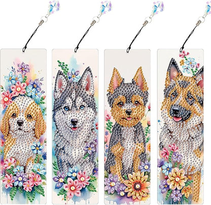 4 Pieces Diamond Art Painting Bookmarks for Adults 5D Floral Rhinestone Bookmarks Animal Dog Art Bookmarks DIY Diamond Painting Bookmarks with Tassels Crafts Supplies