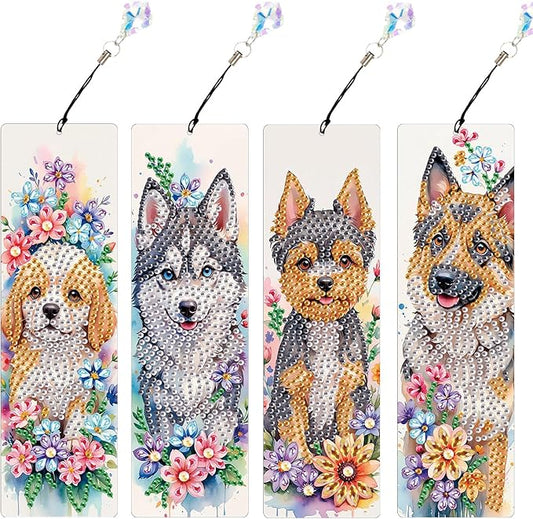 4 Pieces Diamond Art Painting Bookmarks for Adults 5D Floral Rhinestone Bookmarks Animal Dog Art Bookmarks DIY Diamond Painting Bookmarks with Tassels Crafts Supplies