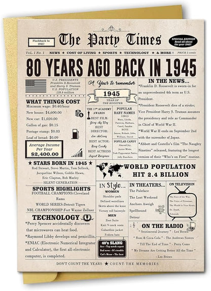 Ziwenhu Large 80 Years Old Birthday Gifts for Women Men,Vintage 80th Greeting Birthday Cards Decorations for Husband Wife,Special 80th Birthday Card for Grandparent