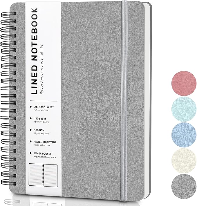 ABERLLS Gray Lined Spiral Journal Notebook with 160 Pages, 8×5.7in, A5 Spiral Notebook, Journaling Notebooks for Work, School, Women, Men, College Ruled Spiral Notebook, Hardcover Leather Journals