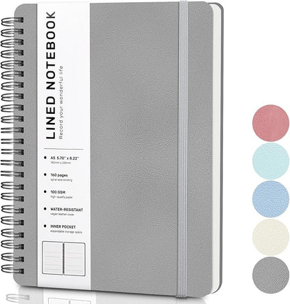 ABERLLS Gray Lined Spiral Journal Notebook with 160 Pages, 8×5.7in, A5 Spiral Notebook, Journaling Notebooks for Work, School, Women, Men, College Ruled Spiral Notebook, Hardcover Leather Journals