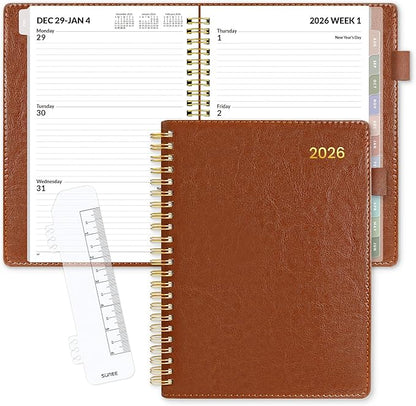 SUNEE 2026 Weekly & Monthly Planner 6.4"x8.5"- 12 Month (January 2026 - December 2026), Vegan Leather Cover, Pocket, Bookmark, Notes, Monthly Tab, Brown