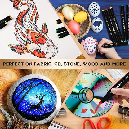Caliart Markers, 100 Colors Dual Tip Art Markers Sketch Pens Permanent Alcohol Based, with Case for Adult Kids Halloween Drawing Sketching (Black Barrel)