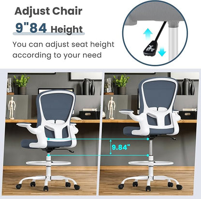 Drafting Chair, Tall Office Chair with Flip-up Armrests Executive Ergonomic Computer Standing Desk Chair, Office Drafting Chair with Lumbar Support and Adjustable Footrest Ring