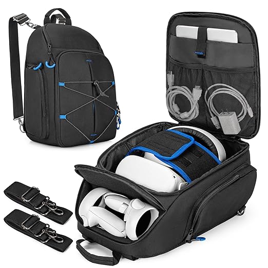 PGmoon Carrying Case Compatible with Oculus Meta Quest 2/Quest 3/Quest 3S/VR Elite Strap, Travel Storage Bag Backpack with Separate Room for Touch Controllers and Multi-Pockets (Patent Design)