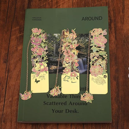 3 PCS Metal Bookmarks, Bookmarks for Reading Women, Pretty Bookmarks for Women, Beautiful Metal Bookmark, Beautiful Flower Bookmark, Peach Blossom, Cottonrose Hibiscus, Peony (BKM-050-001)