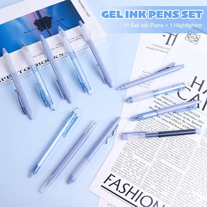 Tetragonal tree- 12Pcs Gel Pens Set, 11Pcs Black Ink Pens and 1Pcs Highlighter, Retractable 0.5mm Fine Point Cute Note Taking Pens for Office School (Navy bluen)