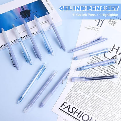Tetragonal tree- 12Pcs Gel Pens Set, 11Pcs Black Ink Pens and 1Pcs Highlighter, Retractable 0.5mm Fine Point Cute Note Taking Pens for Office School (Navy bluen)
