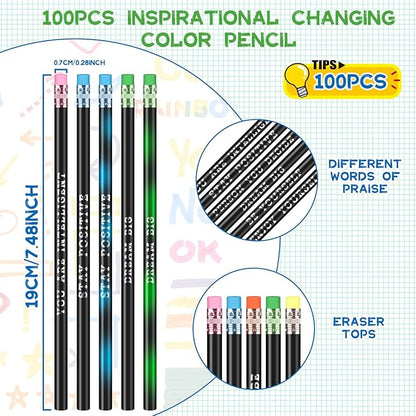 Epakh 100 Pcs Inspirational Pencils Color Changing Pencils Bulk with Eraser HB Wooden Pens Gift for Kids Students Classroom Christmas Party(Black,Classic Style)