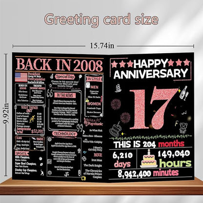 Joycard 17th Anniversary Card for Women, Wedding Card for Wife, Sweet Marriage Decorations Gifts for Couple, Perfect for Her on Anniversary Day, Back in 2008