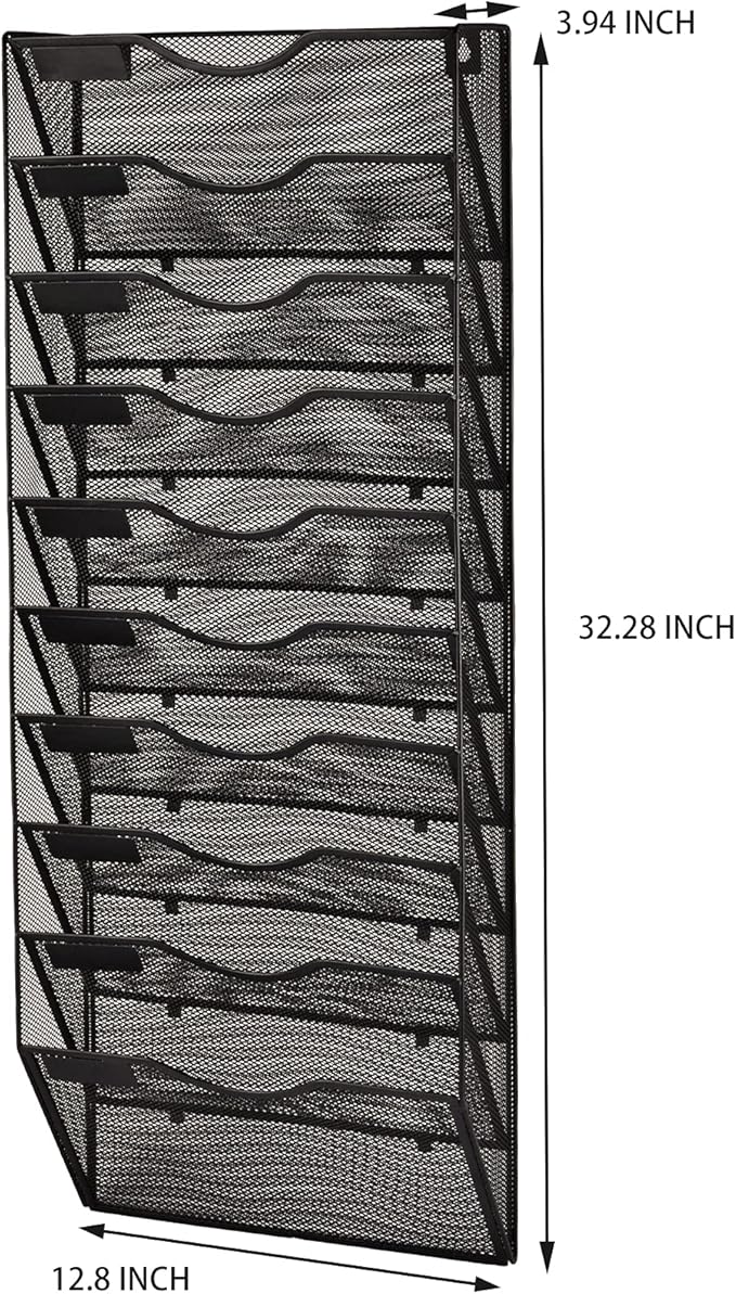 EASEPRES 10 Pockets Mesh Wall File Holder Organizer Office Hanging Magazine Rack, Black