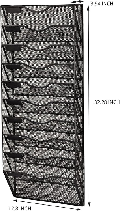 EASEPRES 10 Pockets Mesh Wall File Holder Organizer Office Hanging Magazine Rack, Black