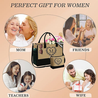 YOOLIFE Christmas Gifts for Women - Initial Jute Tote Bag & Makeup Bag, Birthday Gifts for Women Her Mom Teacher Friend