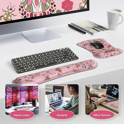 iCasso Ergonomic Mouse Pad with Wrist Rest, Keyboard Wrist Rest Mouse Wrist Rest, Made of Memory Foam, Easy Typing and Relieve Wrist Pain, Perfect for Computer Keyboard Office(Pink Butterfly)