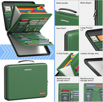 Fireproof Document Box, Expanding File Organizer with 13 Pockets, Portable Fireproof File Box Hard-Shell Document Organizer Storage for Documents Laptop Passports Cards Green