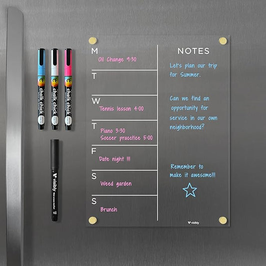 Magnetic Acrylic Weekly Calendar for Fridge, Weekly Meal Planner with Notes, Includes 4 Magnetic Wet-Erase Markers for Refrigerator, 9" X 12" | Silver Hardware