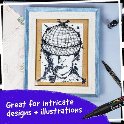 5 Acrylic Black Paint Pen - Fine Tip, Thin Point & Jumbo Pens (1mm, 3mm, 6mm, 10mm, 15mm) - Black Paint Marker for Plastic, Canvas, Wood, Rock Painting, Fabric, Tire, Metal, Glass