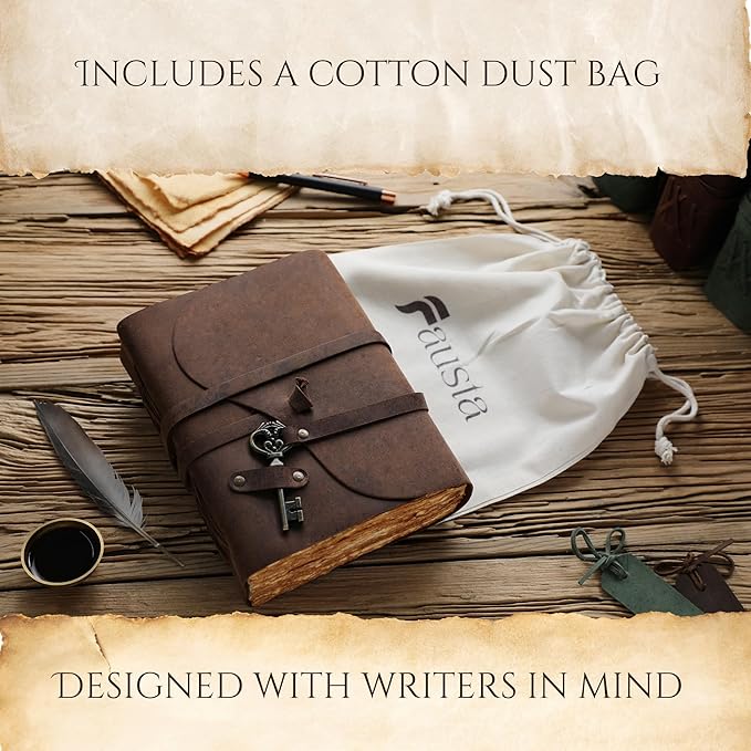 Fausta Vintage Handcrafted Leather Journal with Key for Writing, 240 Pages 8 x 6 inches, Deckled Cotton Paper Notebook/Diary for Men and Women 150 GSM Drawing/Sketchbook, Rustic Brown