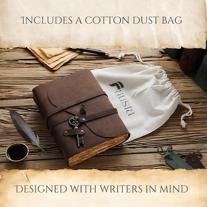 Fausta Vintage Handcrafted Leather Journal with Key for Writing, 240 Pages 7 x 5 inches, Deckled Cotton Paper Notebook/Diary for Men and Women 150 GSM Drawing/Sketchbook, Rustic Brown