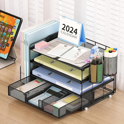 Desk Organizers and Accessories, Desk Accessories & Workspace Organizers for Office Supplies, File Organizer Desk Drawer Organizer with 2 Pen Holders, 4 Tier Paper Organizer for Desk(Black)