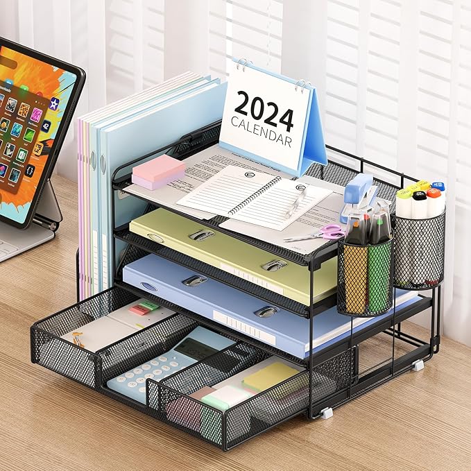 Desk Organizers and Accessories, Desk Accessories & Workspace Organizers for Office Supplies, File Organizer Desk Drawer Organizer with 2 Pen Holders, 4 Tier Paper Organizer for Desk(Black)