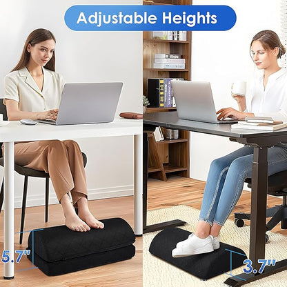 Foot Rest for Under Desk at Work Adjustable Foam for Office and Home, Office Desk Accessories，Comfortable Footrest with 2 Adjustable Heights，Back & Hip Pain Relief (Black)