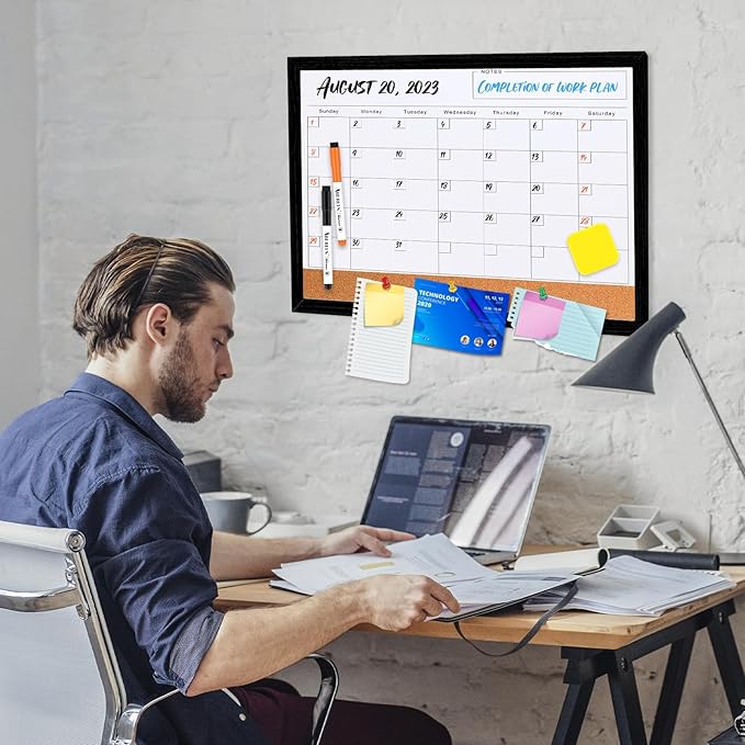ABERLLS Monthly Calendar Dry Erase Board for Wall, 17''x13'' Whiteboard with Black Wood Framed, Magnetic White Boards, 2in1 White Board Cork Board Combo