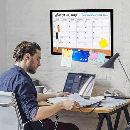ABERLLS Monthly Calendar Dry Erase Board for Wall, 17''x13'' Whiteboard with Black Wood Framed, Magnetic White Boards, 2in1 White Board Cork Board Combo