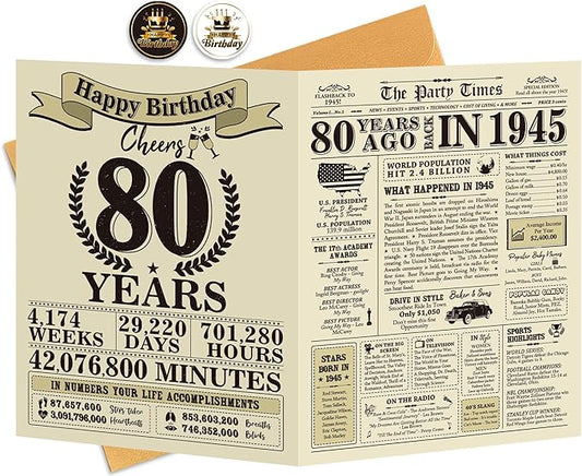 Funny 80th Birthday Gifts for Women Men, Jumbo 80th Birthday Card for Mom Dad Grandma, Gifts for 80 Year Old Man Woman Parents, Vintage Back in 1945 Birthday Cards Gifts, 80th Birthday Decorations