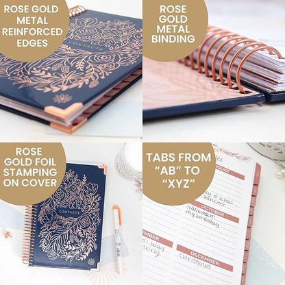 bloom daily planners Hardcover Contacts Address & Password Book - Alphabetical Organizer with Tabs - 6" x 8.25" - Navy Embroidery