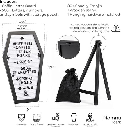 Coffin Letter Board White With Spooky Emojis +500 Characters, and Wooden Stand - 17x10.5 Inches - Gothic Halloween Decor Spooky Gifts Decorations