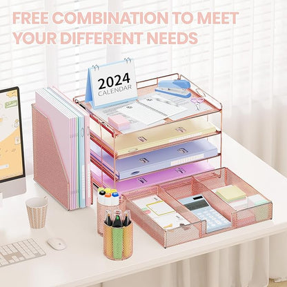 Desk Accessories - Workspace Organizer with 2 Pen Holders, 4 Tier Paper Organizer (Rose Gold)